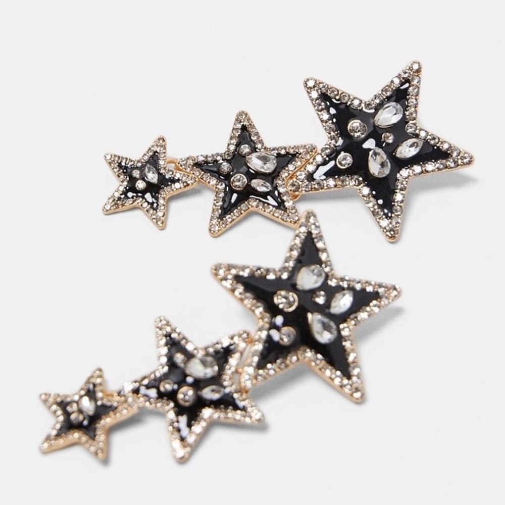 NEW Black Silver Gold Crystal Star Dangle Earrings - Picture 2 of 2
